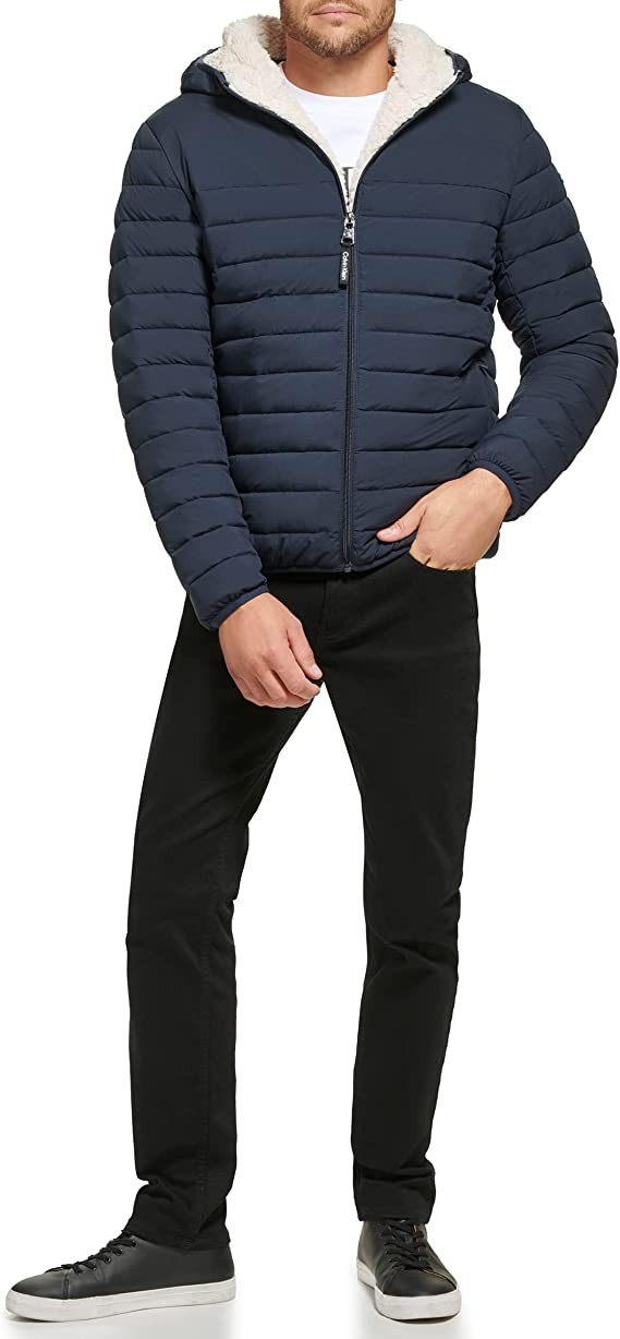 Calvin Klein Men's Hooded Down Jacket Quilted Coat Sherpa Lined